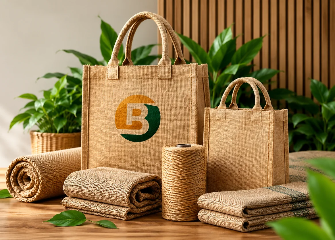 Bharat Natural Jute bags, rugs and twine on a wooden table